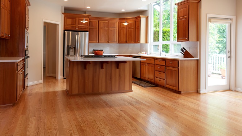 kitchen with red oak flooring