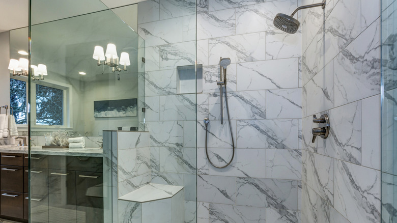 Frameless shower in large bathroom