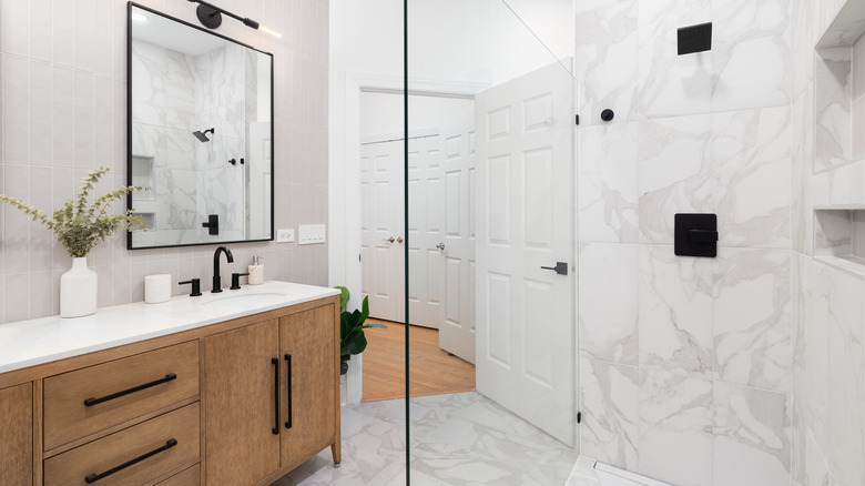 Bathroom with large tiles