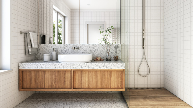 wall mounted vanity with wooden cabinets