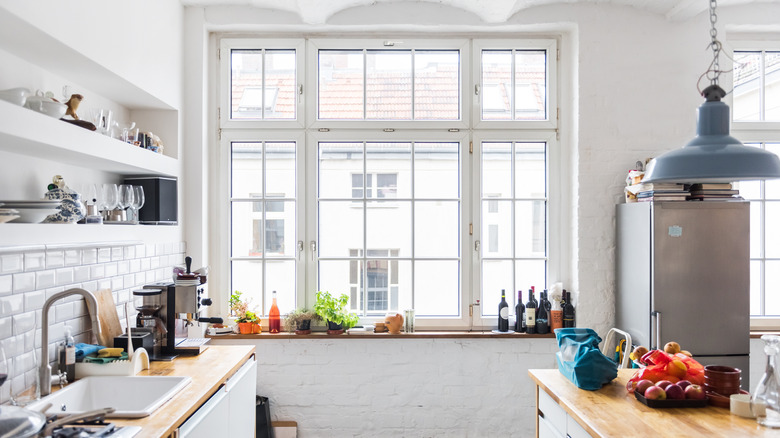 large windows in a kitchen