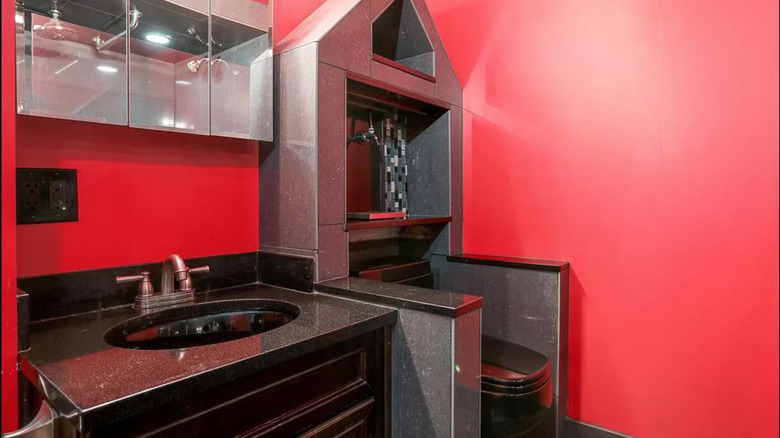 red-colored bathroom