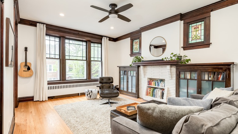 White walls with dark wood trim