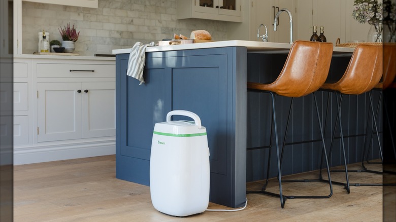 A low-profile white dehumidifier sits next to leather bar stools in a beautiful kitchen