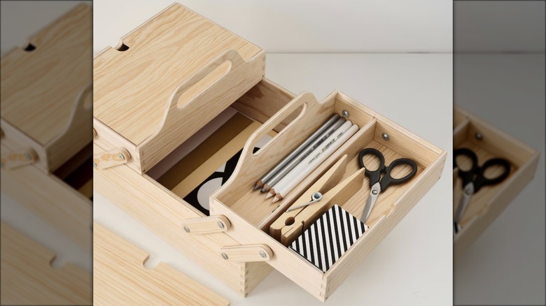 wooden desk organizer with pencils