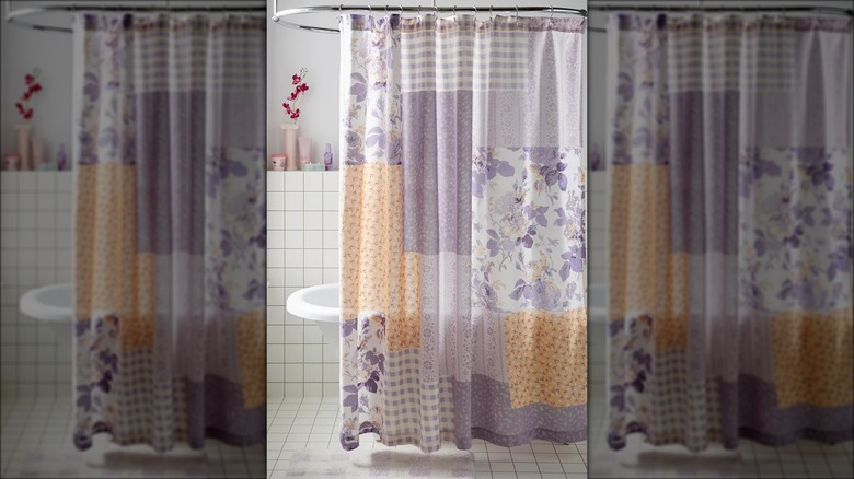 Purple patchwork shower curtain