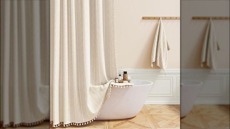 Boho linen tassel shower curtain