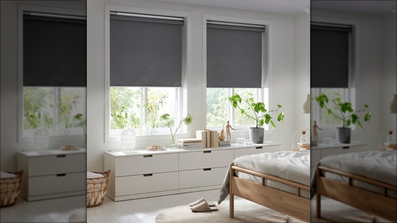 gray blackout blinds in room