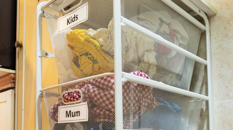 laundry baskets with labels