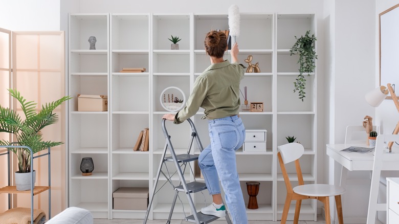 Dusting bookshelf