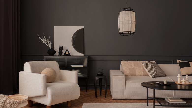 living room with charcoal walls