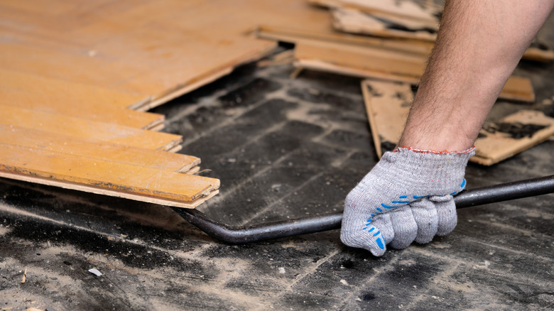 Person using tool to lift wood floor boards