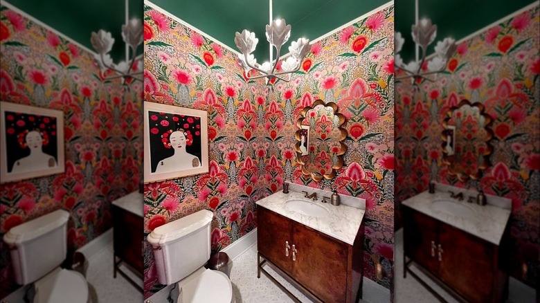 Colorful bathroom with wallpaper