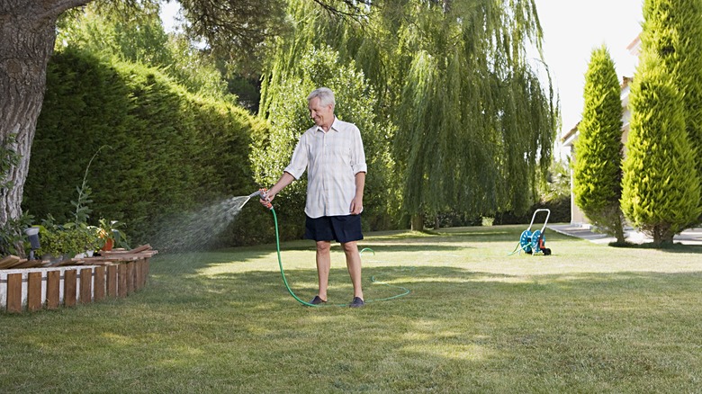 Man watering lawn with hose