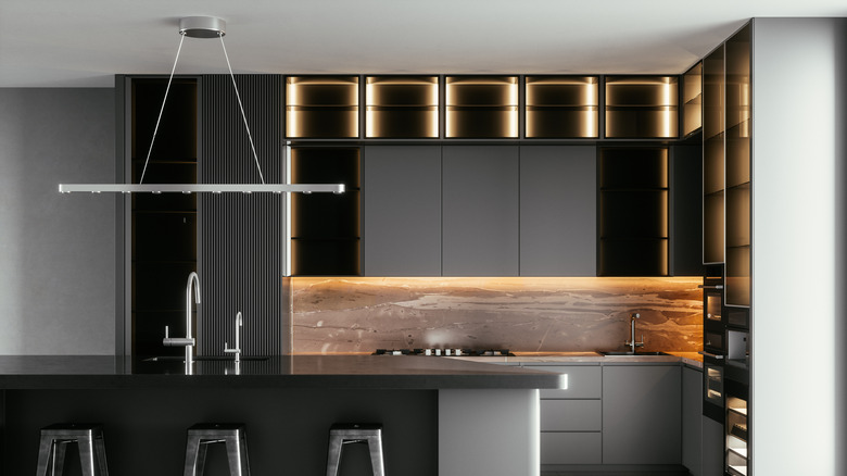 Black kitchen with grey cabinets