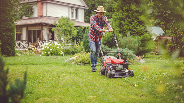 man mowing lawn