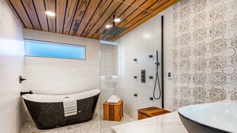 bathroom with wood ceiling 