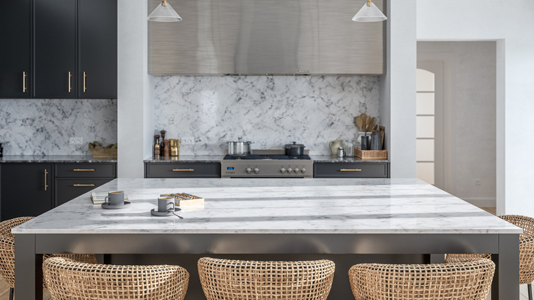 White stone counter and backsplash