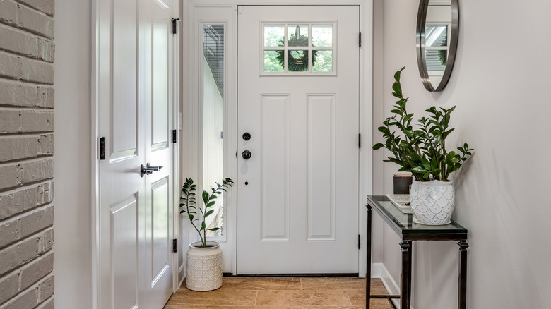 Narrow white entryway with two doors, a table and plants