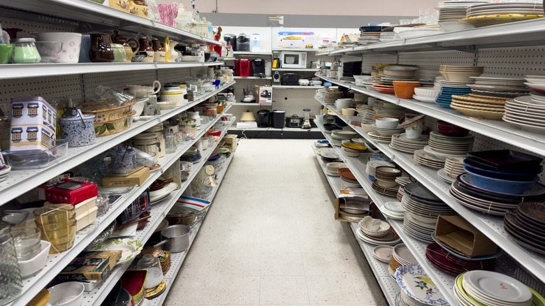 Thrift store aisle with cookware