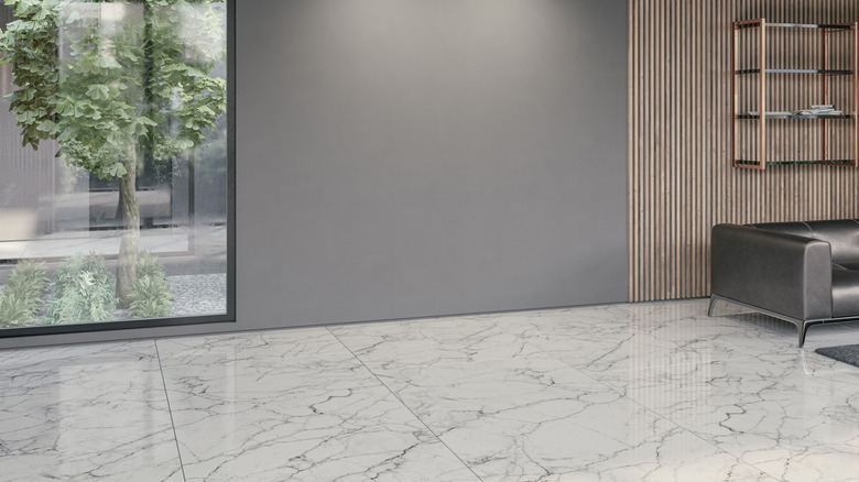 White marbled tile floor of a luxurious living room