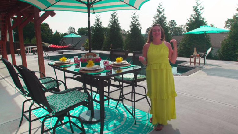 pool area with rug and seating