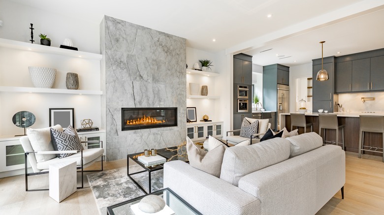 Living room with marble fireplace