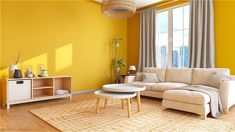 Living room with yellow walls