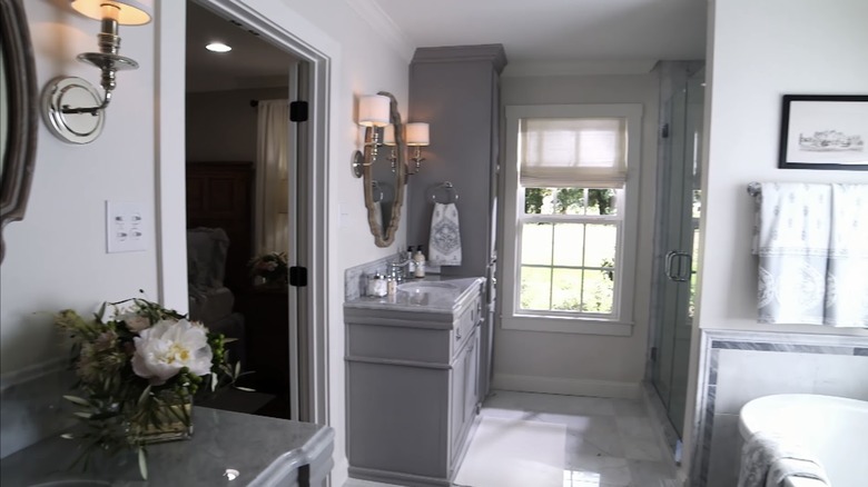 gray cabinets in bathroom 