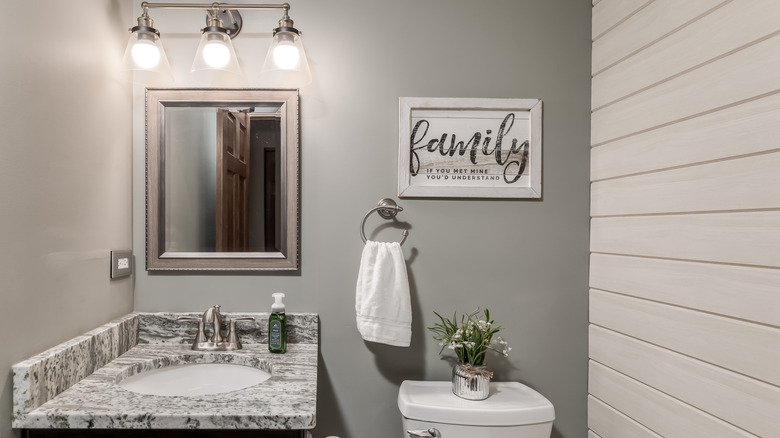 half bath with light gray walls and white shiplap