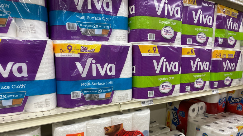 Viva paper towels stacked on a shelf at a store