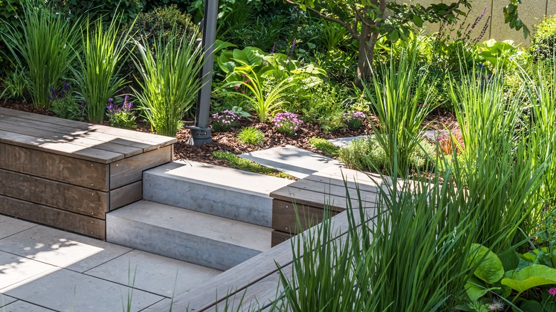 Sunken landscaped area with concrete stairs