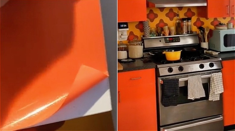 Orange DIY wallpapered kitchen panels