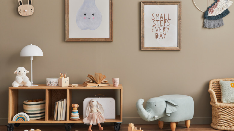 child room with toys in cubby