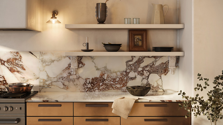 open shelving and marble in kitchen