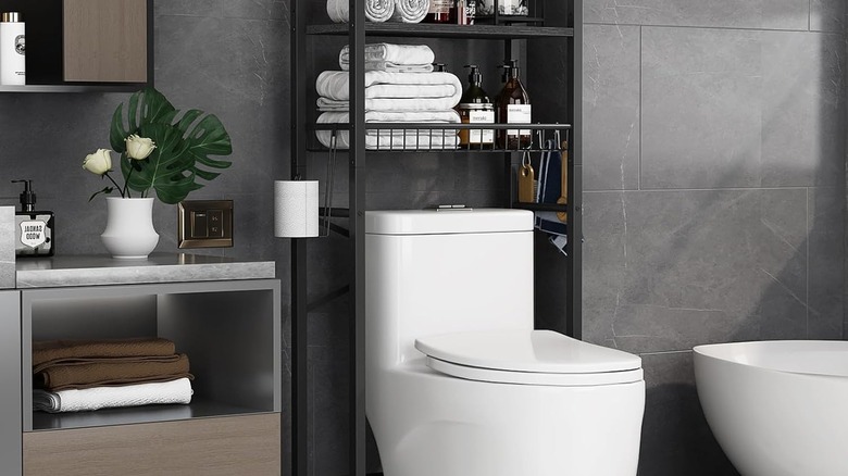 modern toilet with black freestanding and open shelving