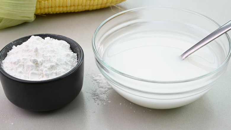 Two bowls containing cornstarch and cornstarch paste