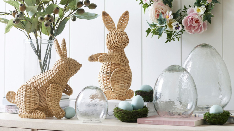 glass eggs with woven bunnies