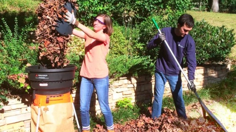 couple cleaning up leaves in yard