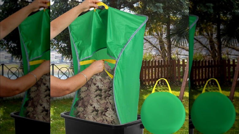 pouring leaves into bin