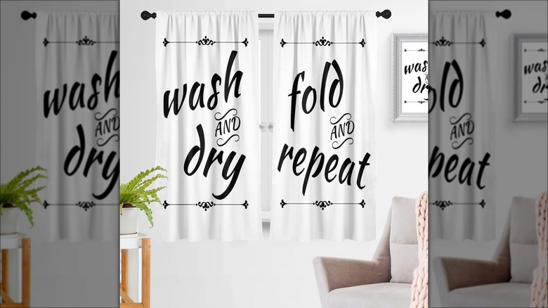 laundry-themed curtains hanging