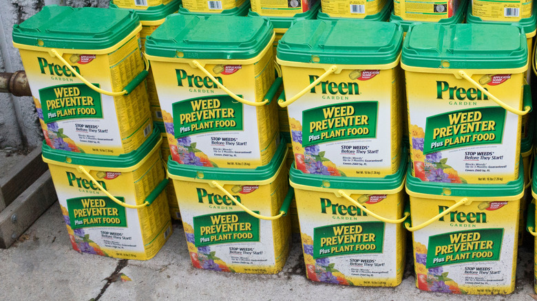 A neat stack of Preen weed preventer and plant food at a retail outlet