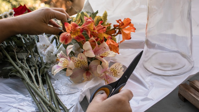 person cutting flower stems