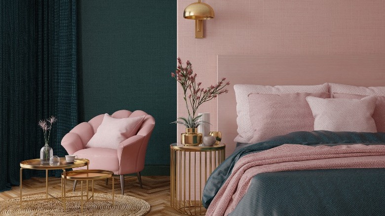 Blush pink and green bedroom