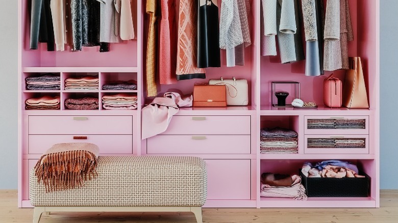 Pink closet system with shelves