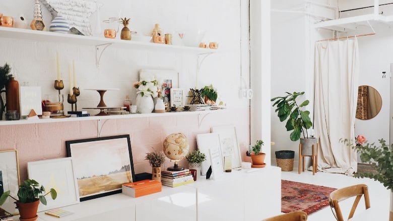 Pink brick wall with shelves