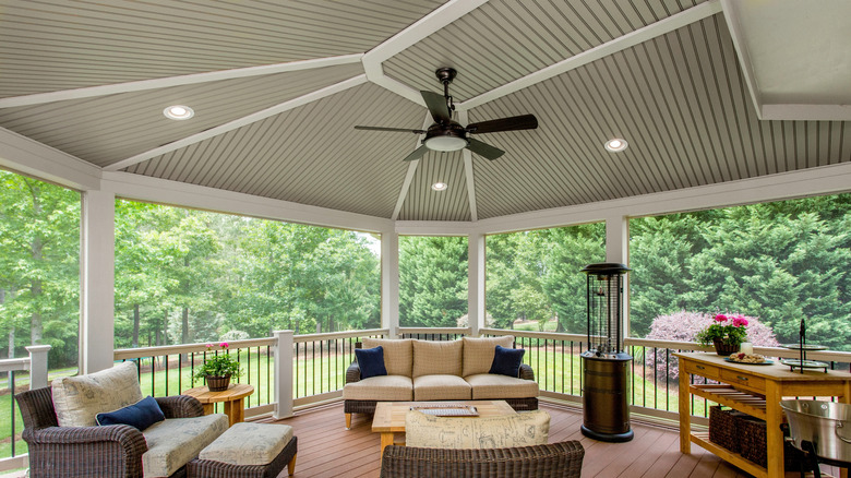 Outdoor ceiling fan over patio