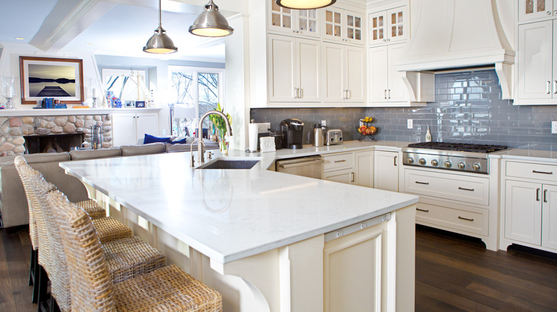 kitchen with white quartz countertops