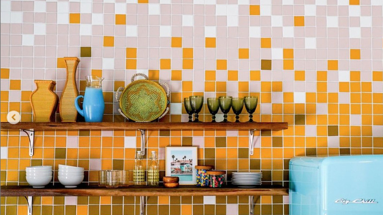 retro small square tile backsplash in vintage kitchen