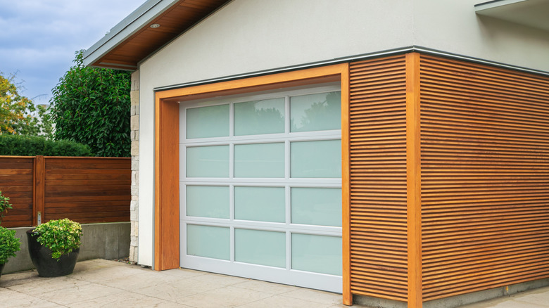 An insulated garage door with frosted glass